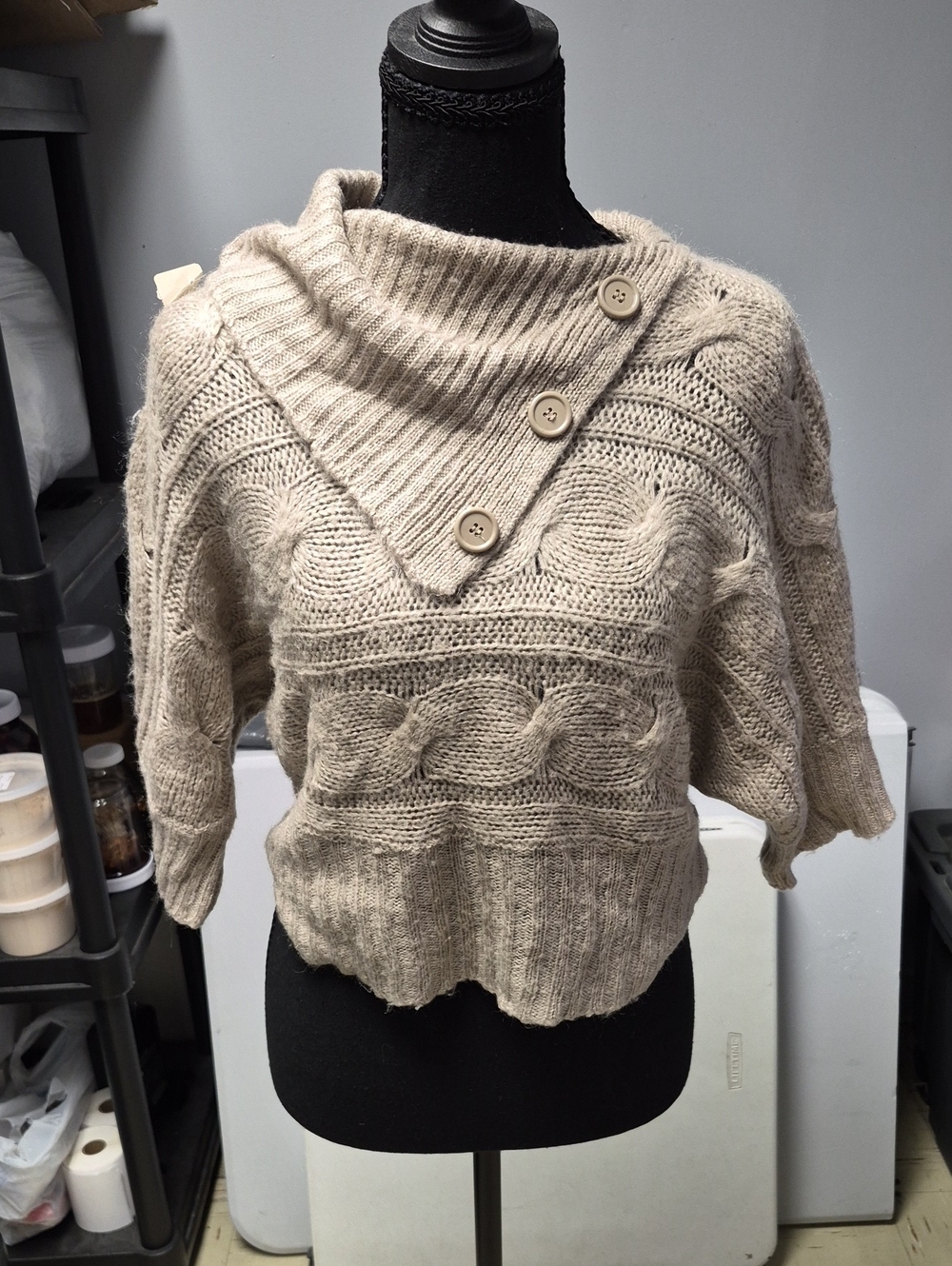 Derek Heart Beige Cable Knit Button-Shoulder Sweater